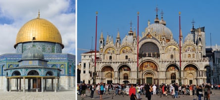 Plus arabe qu’européen… Dôme du Rocher de Jérusalem, à gauche, et basilique Saint-Marc à Venise.