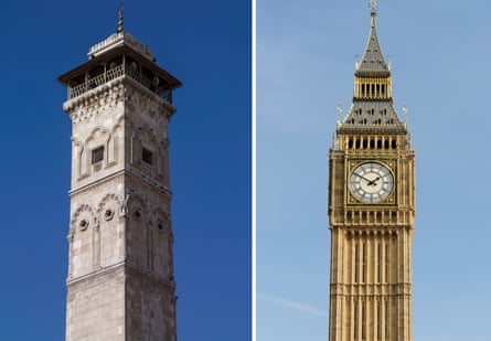 Du temps emprunté… de gauche, le minaret maintenant détruit de la Grande Mosquée d'Alep, en Syrie; et Big Ben à Londres.