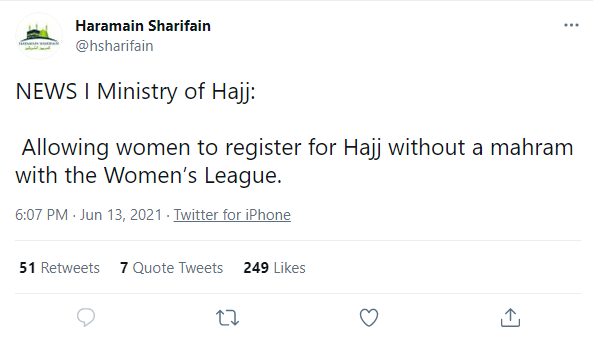 Permettre aux femmes de s'inscrire au Hajj sans mahram